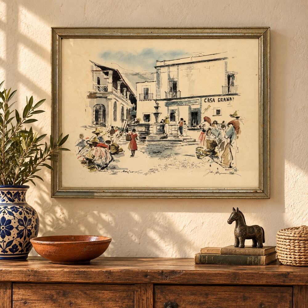 Vintage 1958 John Haymson Fountain Taxco Mexico Color Lithograph Framed